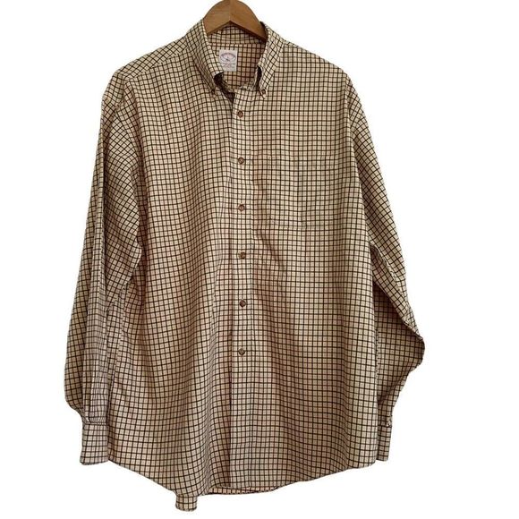 Brooks Brothers Other - Brooks Brothers 346 No Iron Cotton Long Sleeve Oxford Shirt Tan Black Plaid L